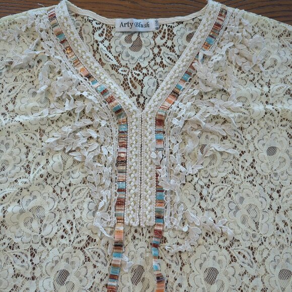 Arty Blush‎ Lace Boho Tunic Flutter ruffle short sleeve Beige Bohemian Gypsy S/M - Picture 9 of 14